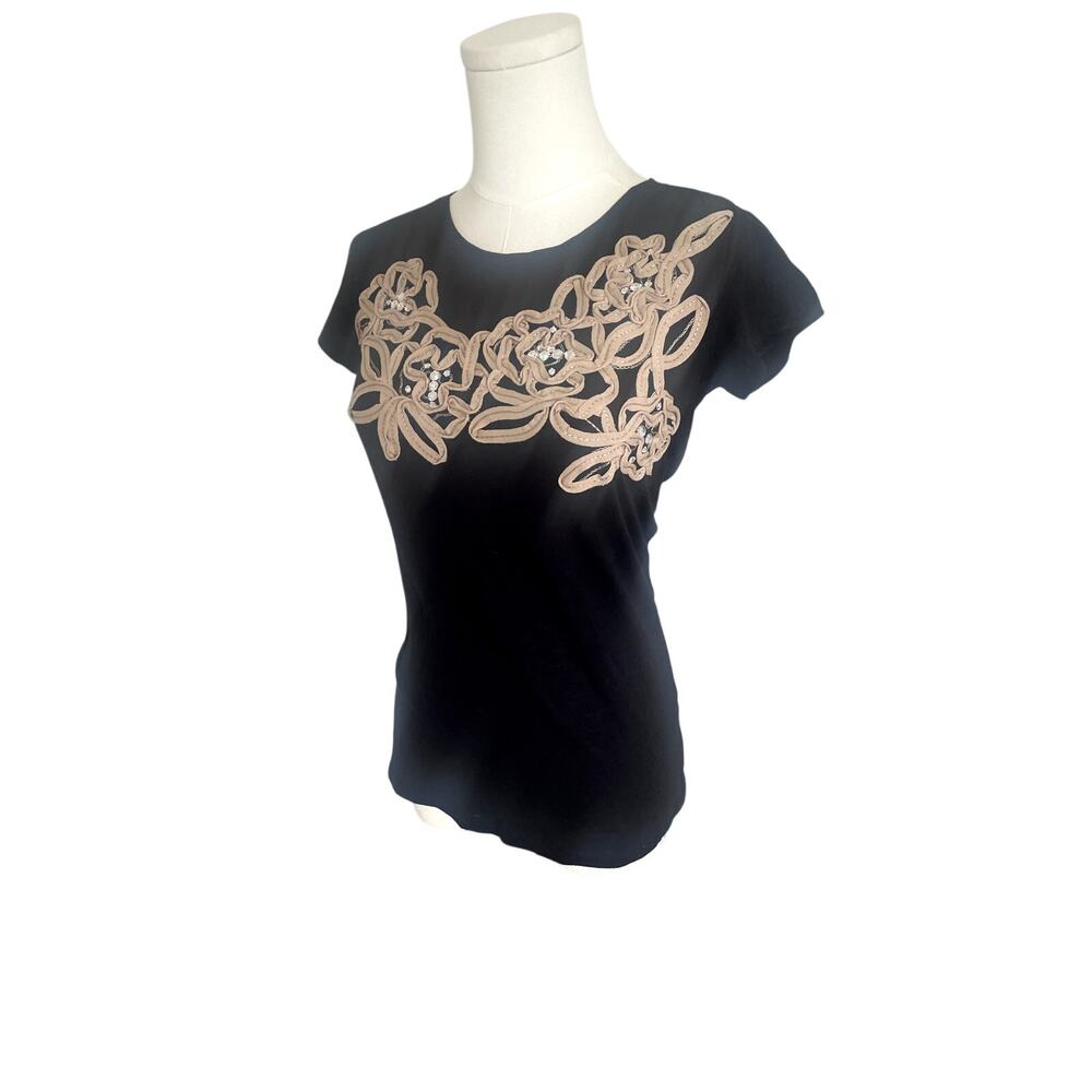 INC Round Neck Black Cap Sleeve Beige Design W/ Rhinestones T-Shirt Sz XS